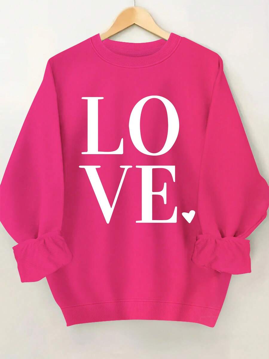 2026 New Year Cotton Sweatshirt Plus Size Love Print Sweatshirt, Casual Long Sleeve Round Neck Pullover Sweatshirt, Women's Plus Size Clothing Loose And Comfortable Winter Clothes For Women - 玫紅色 - 查看 1