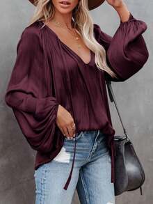 Plus Size Women's Solid Color V-Neck Drawstring Casual Long Sleeve Shirt Spring - Burgundy - View 4