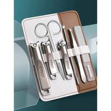 7pcs Brown & White Metal Nail Clipper Set, Super Sharp Portable Manicure Tools, Home & Travel Nail Care Kit For Finger & Toenail Trimming - Multicolor - View 7