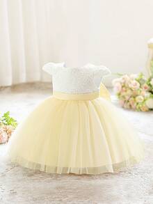 Baby Girls Hooded Sleeve Contrast Lace Mesh Bow Back Cute Birthday Party Dress, Suitable For Flower Girl, Wedding, No Headband Included - Champagne - View 3