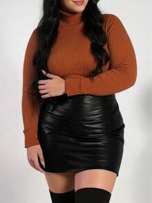 大码女式优雅高腰仿皮紧身半身裙 - 时尚纯色拉链皮质迷你裙，适合休闲至半正式场合穿着，黑色，春季款 - 黑色 - 查看 2