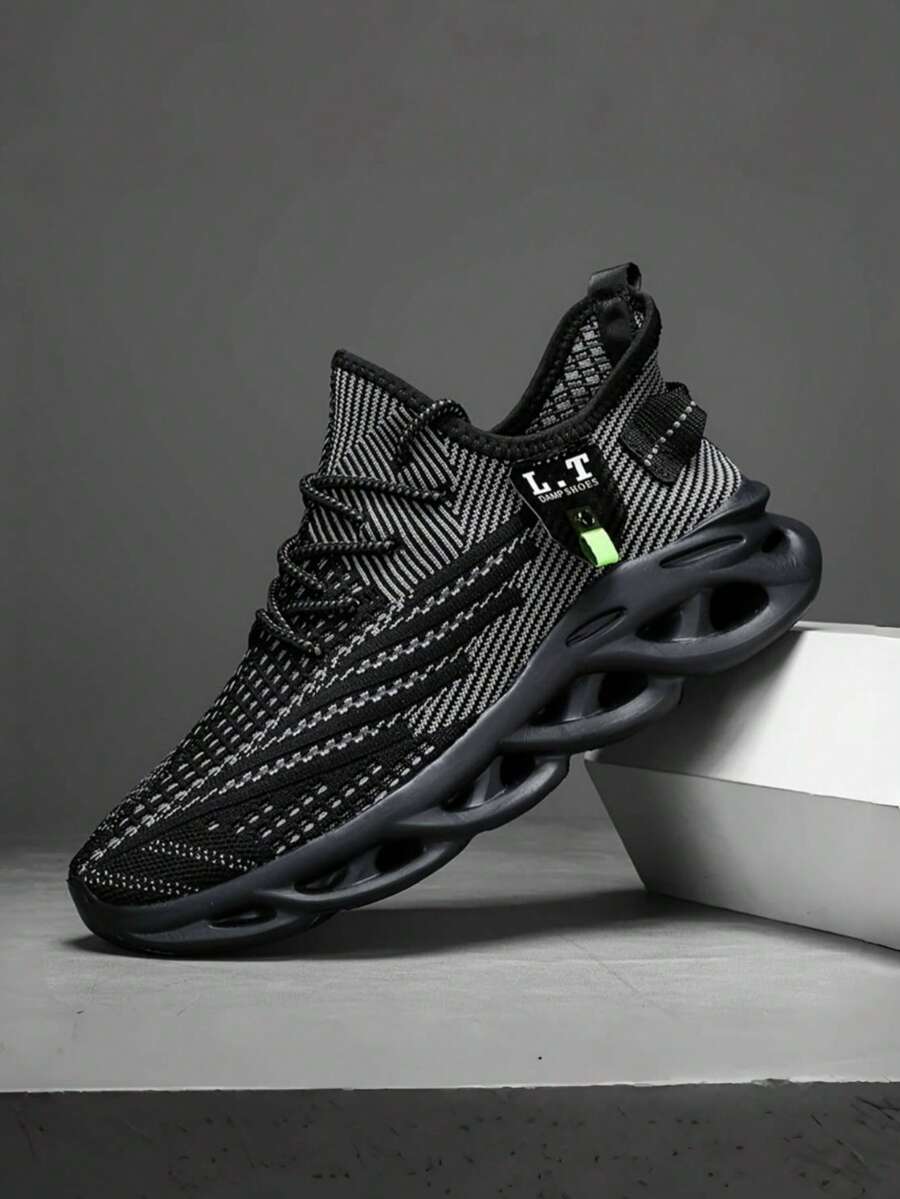 New Men's MD Hollow Bottom Knitted Breathable Running Shoes With Lace, Spring/Summer, Lightweight And Comfortable - màu đen - Xem 1