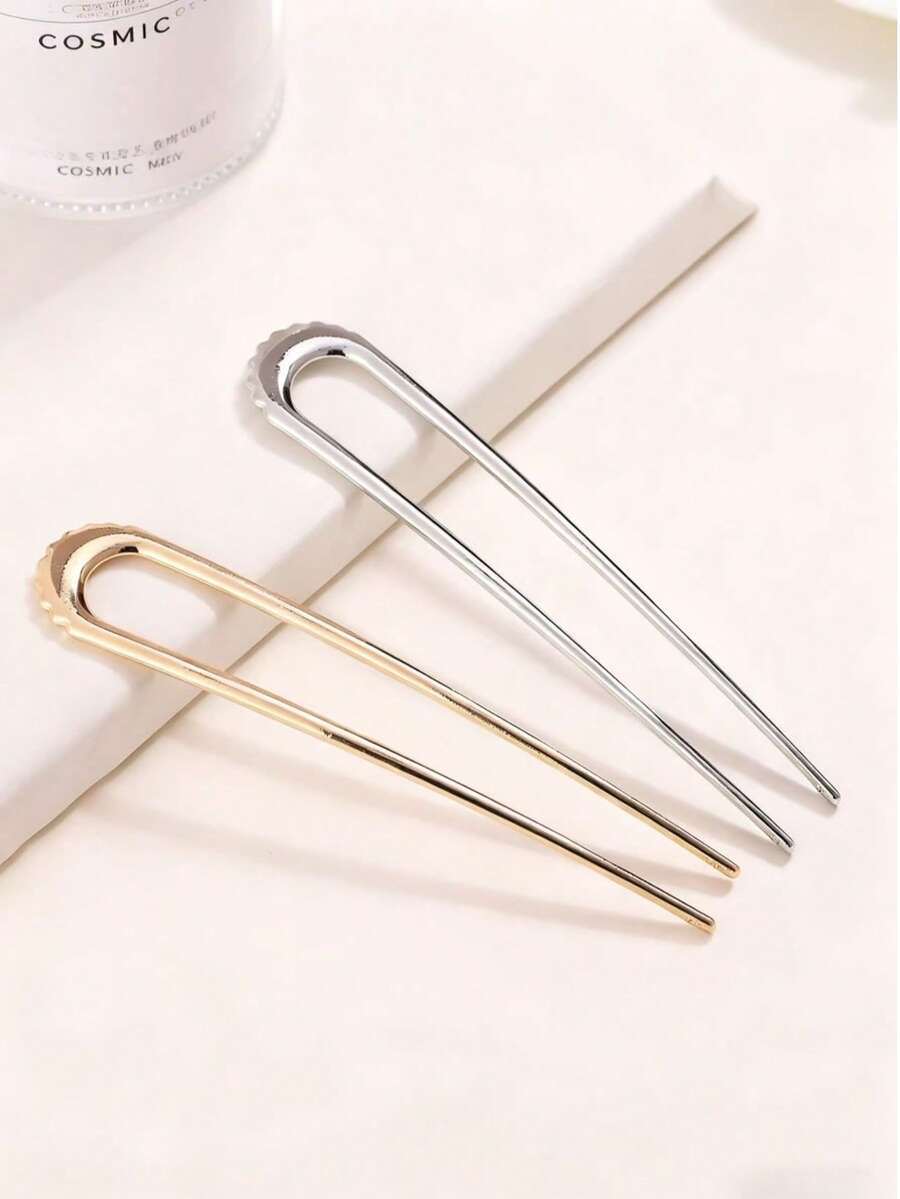 1个/2个装 大号优雅金色U型金属发夹 - 适合浓密长发女性，法式发夹 - 彩色 - 查看 1