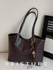 Tas Bahu Kapasitas Besar untuk Perjalanan Sehari-hari, Tas Tote Motif Buaya Retro, Penutup Magnetik, Dengan Liontin, Cocok untuk Jalan-jalan Sehari-hari, Kencan, dan Perjalanan. - Kopi - View 11