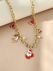 1pc Christmas Deer Pendant Necklace, Elegant Necklace Charm Jewelry Gift For Women, Suitable For Christmas, Daily Wear, Party - Gold - View 2