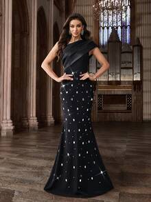 Elegantes Damen Abendkleid mit Strass-Diamant-Verzierung, Glamour-Party-Kleid für Geburtstag, Cocktail, Dinner, Galas, ärmellos, Meerjungfrau-Saum, asymmetrischer Ausschnitt, langes Kleid