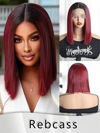 13X4X1 T-Part Lace Wigs With Bob With No Bangs Fashion European And American Dyed Bobo Wig Female Short Straight Hair Black Gradient Wine Red Synthetic Fiber Hair Gifts For Women Christmas Decorations Christmas Gifts