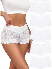 Lace Boy Shorts Cheeky Panties Breathable Womens Underwear Stretch Cotton Waistband Underwear Women 5 Pack - F-白色(5 包) - 查看 1