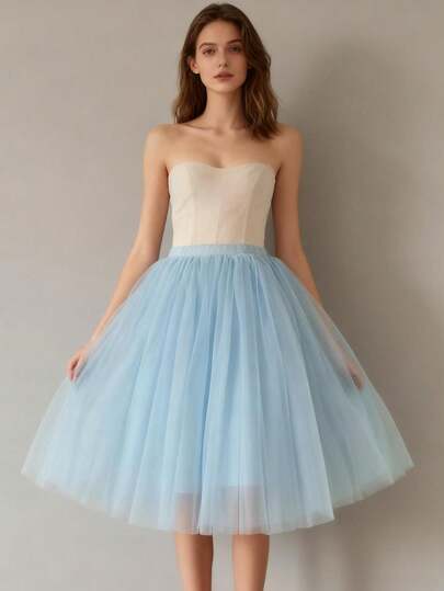 1件装女士高腰纯色薄纱裙，仙女薄纱中长裙，多层网纱+1层衬里，适合派对、角色扮演、节日、舞台表演、角色扮演衬裙、万圣节衬裙、内衬裙