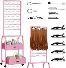 Portable Braiding Hair Rack With Wheels & Storage Drawers,2-Sided 288 Pegs,Hair Extension Holder Hanger For Braiding Hair Separator Stand Display,Hair Rack With Stylist Hair Braiding Tools(White) - Hồng - Xem 2