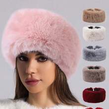 1件装女士毛绒发带，毛绒球针织帽，加厚保暖秋冬仿毛皮头巾，耳罩，多种颜色可选 - A - 查看 5