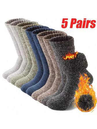 5双装男士加厚保暖毛巾袜，适合户外活动、跑步、徒步、运动，尺码范围：美国码4.5-9，英国码3.5-8，欧盟码36-43