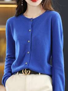 Cárdigan De Punto De Mujer, Cárdigan De Unicolor Con  Botón Delantero De Dama, Cárdigan De Punto Con Cuello  Redondo Para Mujer - Azul - Ver 6