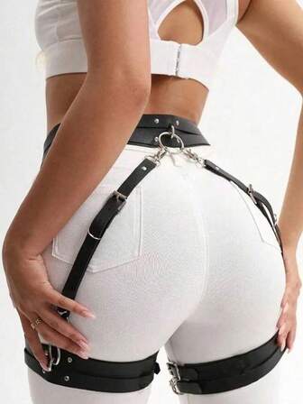 1件黑色PU皮革紧身带可调节身体装饰带性感塑身裤日常服装配饰