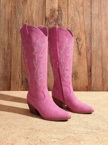 Western Vintage Cowgirl  Tall Boots For Women, Pointed Toe Chunky Block Heel Suede Knee High Cowboy Boots With Embroidered - Hồng - Xem 4
