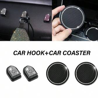 2个闪亮水钻汽车挂钩+2个亮片汽车杯垫套装，奢华闪亮汽车内饰配件，可用于悬挂包包、外套、雨伞，防滑杯垫适用于汽车杯架，通用型，适合大多数车型