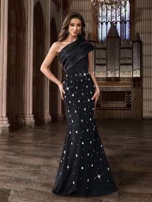 Elegantes Damen Abendkleid mit Strass-Diamant-Verzierung, Glamour-Party-Kleid für Geburtstag, Cocktail, Dinner, Galas, ärmellos, Meerjungfrau-Saum, asymmetrischer Ausschnitt, langes Kleid