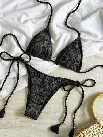 Bikinx Women Boho Leaf Pattern Mesh Fabric With Halter Backless Crochet Lace-Up Black Bikini Set High Stretch Tie Side Swimwear