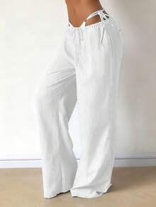 Pantalones anchos de lino sueltos, cómodos y versátiles para mujer - Blanco - Ver 4
