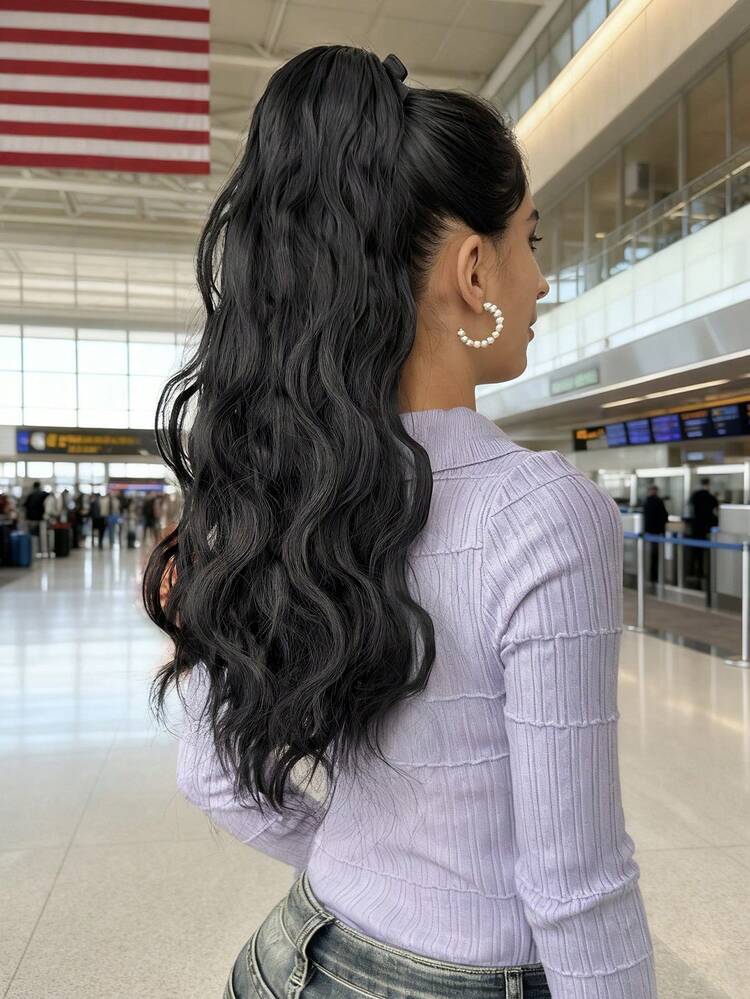 22 Inch Black Wavy Curly Synthetic Fiber Clip-On Hair Extension, Can Create Long Ponytail Style