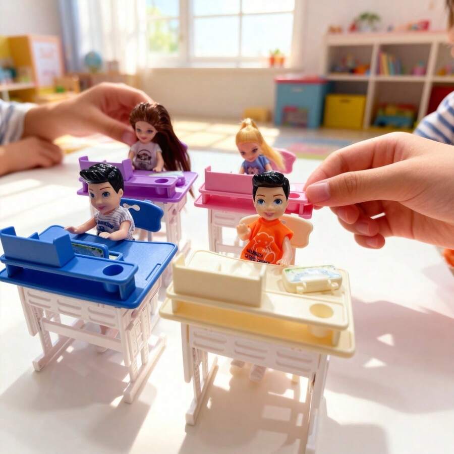 5pcs Dollhouse Decor Set, DIY Mini Desk, Bookshelf, Pencil Case, Mobile Stand, Study Table Accessories - Multicolor - View 1
