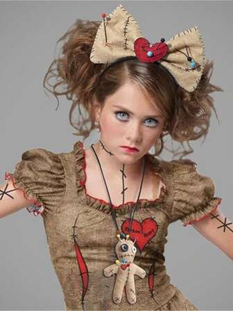 Muñeca espeluznante Jiejie con un corazón roto y un imperdible, diadema con lazo, tocado de muñeca malvada, accesorios de disfraz, accesorios para el cabello de mujer, accesorios de vestir para fiestas, mascarada, disfraz, accesorios de diadema para baile de disfraces