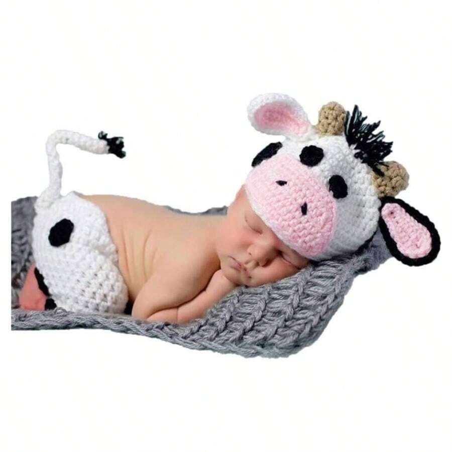 Photography Props Photo Shoot Outfits Crochet Costume Knitted Clothes Cow Hat Pants White - inicial - Ver 1