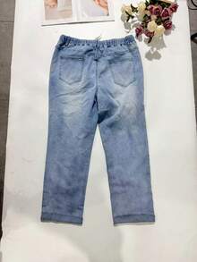 Fall Clothes Plus Size Mid-Rise Straight Leg Pants With Elastic Drawstring Waist & Distressed Rolled Hem Business Casual Woman Curve - Blue - View 4