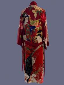 Floral Print Mid-Length 3/4 Sleeve Kimono Cover Up Thin Jacket, Elegant Casual Loose Outerwear For Women, Suitable For Beach, Travel, Vacation, Lightweight Robe Sash - Red - View 2