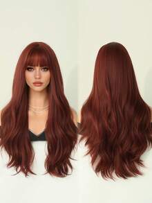 7JHH WIGS High Quality 24-Inch Long Body Wave Raspberry Red Wigs For Women Fashion Synthetic Wavy Curly Wig With Bangs, Heat-Resistant Fiber Full Machine Fake Hair, Beginners Glueless Costume Wigs For Daily Party Wear, Music Festivals Cosplay Use - 酒紅色 - 查看 4