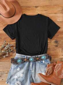 T-Shirt With Geometric & Livestock Print - Black - View 2