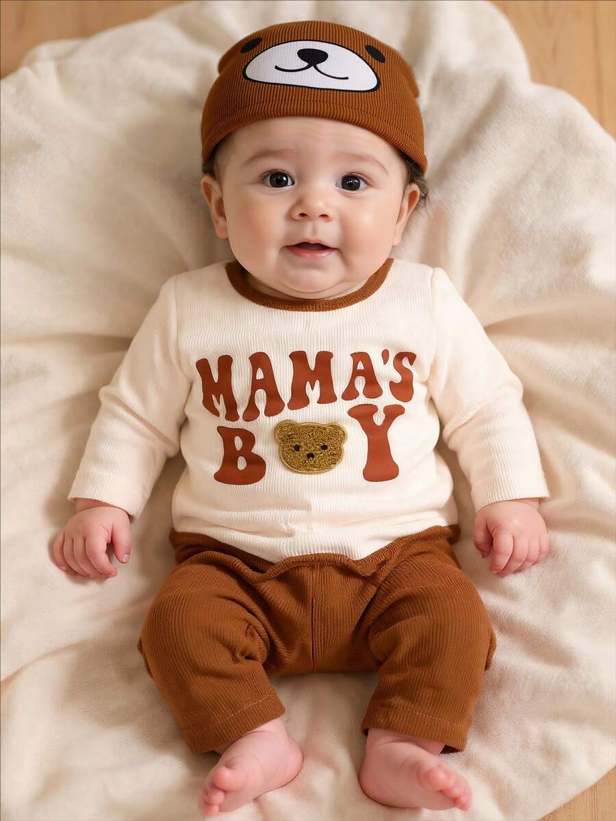 3pcs/Set Baby Boy Casual Outfit, Cute Letter Print & Cartoon Bear Embroidery Decor Bodysuit, Elastic Waist Pants And Hat, Suitable For Daily Wear, Vacation, Party, Photography