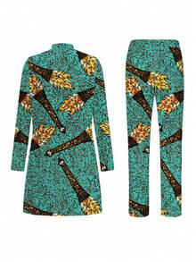 Men's Casual Long-Sleeved Two-Piece Suit, Mid-Length Top And Trousers - 綠色 - 查看 3