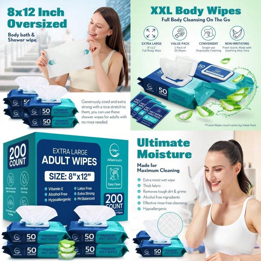 Body Wipes For Adults Bathing No Rinse - Adult Wipes For Elderly 8" X 12" 200 Count Shower No Rinse Incontinence Disposable Washcloths Aloe Vera Vitamin E + 4 Individual Packs - Gói 4 khăn lau 200 tờ - Xem 1
