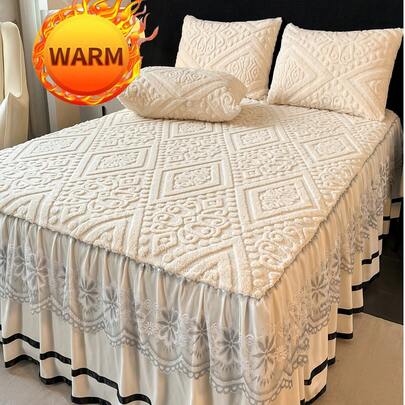 Bộ 3 váy giường ren Taffeta (1 váy giường + 2 vỏ gối), trang trí viền ren, thời trang & thanh lịch, thấm hút mồ hôi, thoáng khí, chống nhăn, êm ái, vỏ nệm có thể tháo rời
