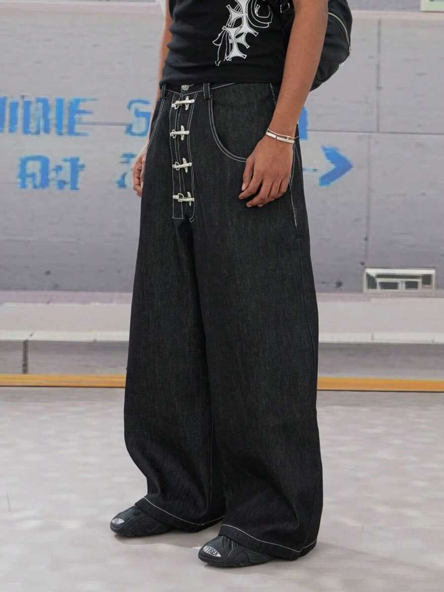 1 件个性化设计飞机扣牛仔裤，男士休闲宽松直筒裤，日本街头风格，水洗宽松长裤（不含腰带和配饰） - 黑色 - 查看 1