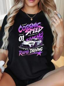 Cosmic Speed Rapid Driving Graphic T-Shirt For Women Casual Streetwear Fashion Top With Car Print And Purple Flame Design Oversized White Tee ShirtWomen's T-Shirts With Round Neck And Short Sleeves Have Interesting Printed Patterns, Which Are Suitable For Christmas Partiessports Activitiesholiday Partiesoutingssports And Other Holiday Gifts. - 黑色 - 查看 4