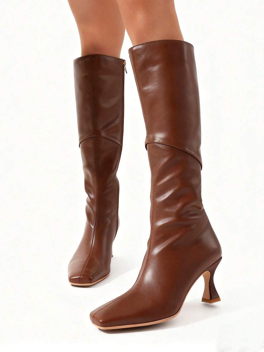 Kitten Heel Knee High Boots Women Square Toe PU Leather Mid-Calf Boots Side Zipper High Heel Boots Elegant Dress Party Shoes For Woman - 棕色 - 查看 1