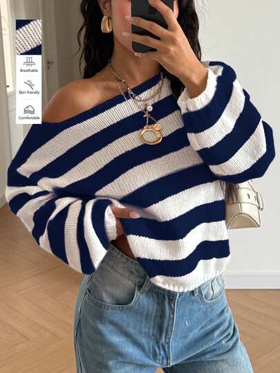 Women's Casual Long Sleeve Off-Shoulder Striped Pink Knit Sweater, Suitable For Back To School, Autumn/Winter Outings, And Everyday Wear