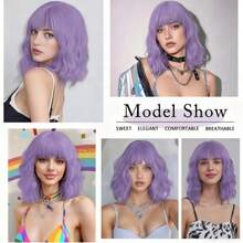 BARSDAR 12 Inch Purple Short Bob Wigs With Bangs For Women Loose Wavy Wig Curly Wavy Shoulder Length Bob Synthetic Cosplay Wig For Girl Colorful Costume Wigs - Màu tím - Xem 7