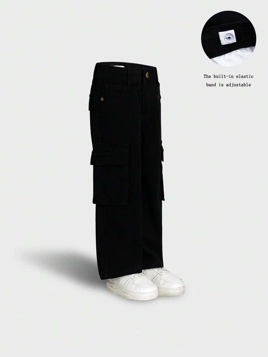 Young Boy's Black Wide Leg Cargo Jeans, Multi-Pocket Design, Adjustable Waist, Casual Denim Workwear Pants, Back To School