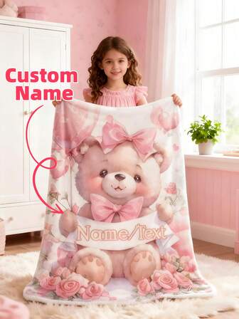 Personalized Teddy Bear Flannel Blanket With Pink Bow - Ultra Soft, Lightweight, All-Season Cozy Throw For Camping, Travel, Sofa, Bed & Office - Customizable Name/Text, Fantasy Theme With Floral Decor, Mixed Colors, Holiday Gift For Kids, Family, Friends, Home Comfort Accessory, Design, Durable & Comfortable, Travel Gear, Fun Pattern, High-Quality Material, Home Decor Enthusiast