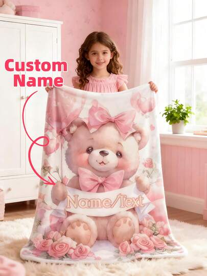 Personalized Teddy Bear Flannel Blanket With Pink Bow - Ultra Soft, Lightweight, All-Season Cozy Throw For Camping, Travel, Sofa, Bed & Office - Customizable Name/Text, Fantasy Theme With Floral Decor, Mixed Colors, Holiday Gift For Kids, Family, Friends, Home Comfort Accessory, Design, Durable & Comfortable, Travel Gear, Fun Pattern, High-Quality Material, Home Decor Enthusiast