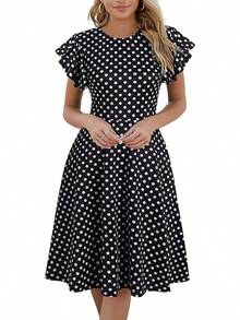Women's Semi-Formal Ruffle Sleeve V-Back Work Fit And Flare Cocktail Knee Length Dress With Pockets, 2025 Style - 黑點 - 查看 10
