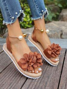 Sandały plażowe w kwiaty dla kobiet, w słodkim stylu boho, uniwersalne na wakacje na plaży, antypoślizgowa, miękka podeszwa - Brązowy - Zobacz 5