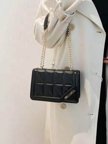 韩版做旧质感休闲手提包，2025新款时尚简约方形斜挎包，女士 - 黑色 - 查看 3