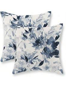 2pcs Blue Floral Pillowcase, Watercolor Floral Spring Decor Linen Pillowcase, Summer Abstract Blue Floral Cushion Cover, Farmhouse Style Outdoor Sofa Bed Pillow Sham (16"X16", 18"X18", 20"X20") - Watercolor Blue - View 11