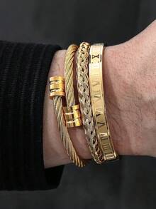 3 peças/Conjunto Pulseira de Aço Inoxidável Trançada com Números Romanos Criativa e da Moda para Homens, Adequada para Uso Diário, Festa, Presente para Namorado - Multicolorido - Visão 2