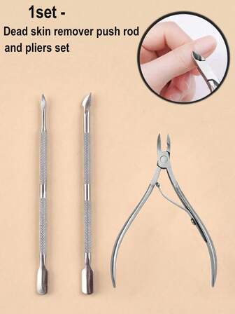 1 set/3 piezas Removedor de piel muerta, empujador y alicates de acero inoxidable, Suministros para uñas, Tijeras específicas para uñas para exfoliar piel muerta, Juego de cortaúñas y barbas específico para salón de uñas, Herramientas para uñas, Herramientas de arte de uñas, De vuelta a la escuela, Uñas, Herramientas para uñas postizas, Herramientas de manicura y pedicura