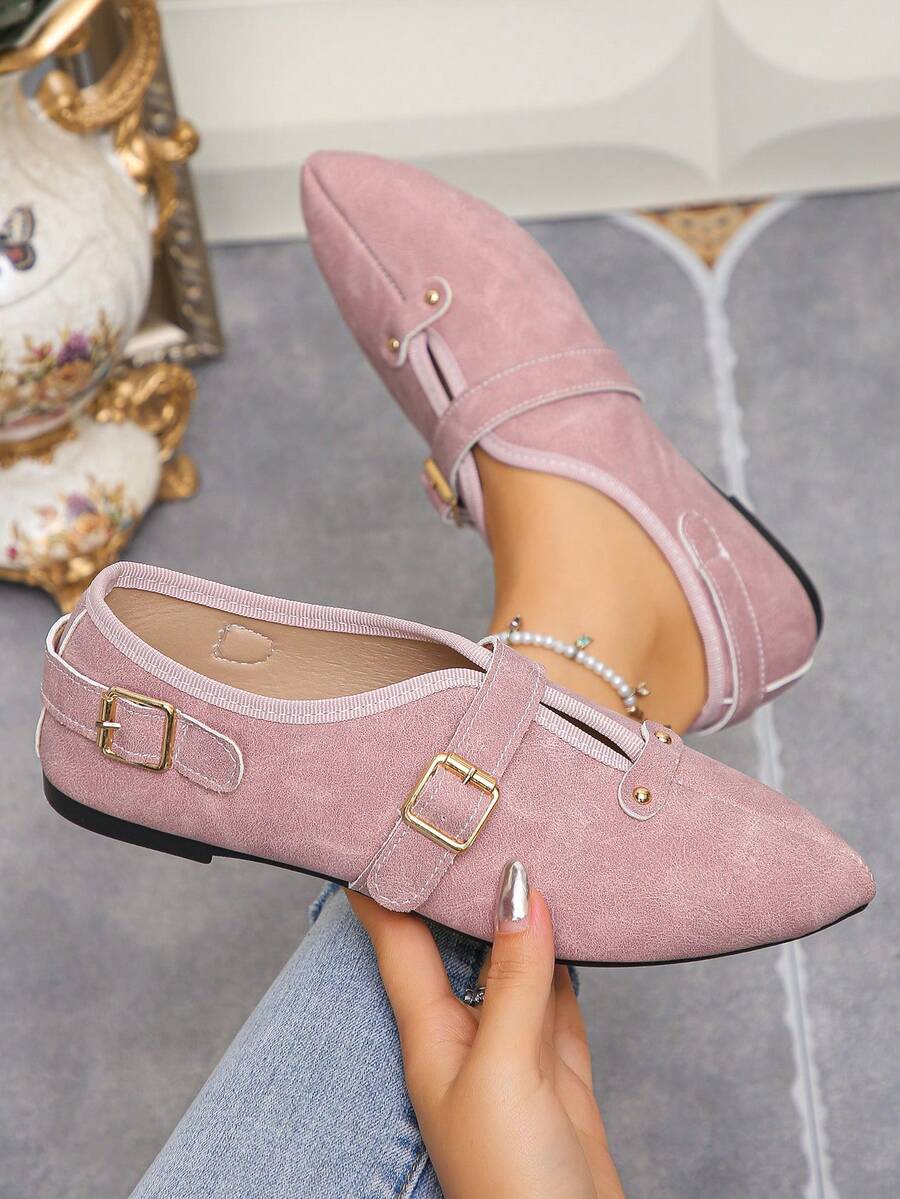 Women's Plus Size 35-45 Pointed Toe Slip-On Flat Shoes, New Outdoor Daily Soft Bottom Flat Shoes, Brown, Fashion Versatile Slip-On, Suitable With Dresses, Spring & Autumn - Pink Frosted - View 1